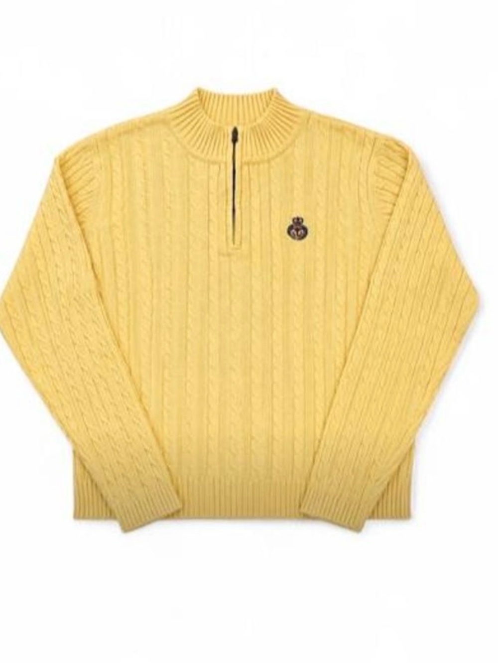 Vtg Croft & Barrow Yellow Cable Knit Quarter Zip Sweater Embroidered Crest XL